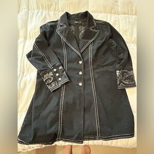 Midnight Velvet Western Rhinestone Jeweled Embellished Mid Length Denim Jacket